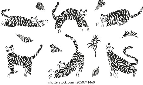 Set cute abstract black and white tigers, unique modern style. Silhouette and stripes. Collection of simple tiger in different pose. Chenese New Year 2022, Orient Zodiac sign, illustration on white.