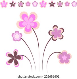 Set of cute abstract blooming spring branch with pink geometric flowers