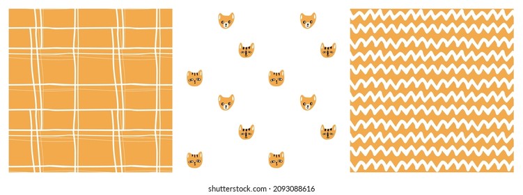 Set of cute abstract and cats heads animals childish seamless patterns. Collection of Vector hand drawn illustrations in black and mustard colors on white background