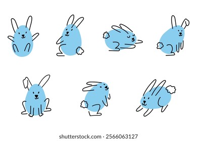 A set of cute abstract Easter bunnies. Blue rabbits