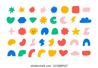 Set of cute abstract elements in kidcore style. 00s, 90s concept. Funny hippie and childish abstract shapes and objects. Naive art. Flat vector illustration on isolated background