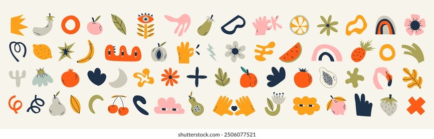 Set of cute abstract elements in kidcore style. 00s, 90s concept. Funny hippie and childish abstract shapes, fruits and objects. Naive art. Flat vector illustration on isolated background