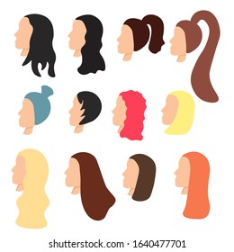 Set of cute abstract female portraits, faces of young women, side view, without face, different hair color, length and hairstyles. Stock vector illustration for decoration and design, web pages, cards
