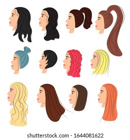 Set of cute abstract female portraits, faces of young women, side view, different hair color, length and hairstyles. Stock vector illustration for decoration and design, web pages, postcards, banner 