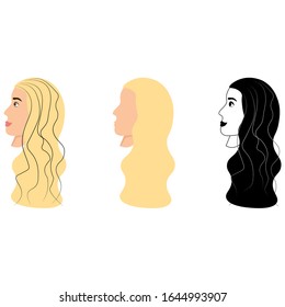 Set of cute abstract female portraits, face of a young woman, side view, yellow wavy long hair, outline. Stock vector illustration for decoration and design, web pages, postcards, banner, packaging.