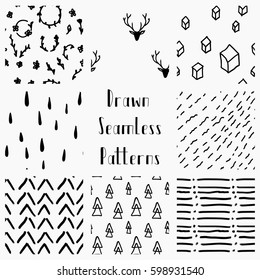 Set of Cute Abstract Hand Drawn Geometric Black Seamless Background Patterns. Fully Editable EPS file with Pattern Swatches. Doodle Style