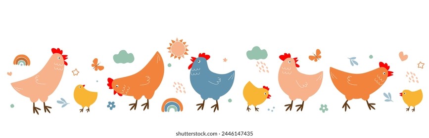 Set of cute abstract hens with chicks and abstract elements, sun, flowers, butterflies. Vector graphics.