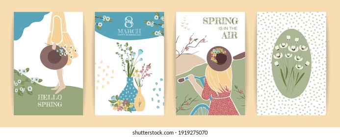 Set of cute abstract  illustrations March 8 and spring mood . Flowers, girls and nature . Vector  poster, card, invitation, placard, brochure, flyer. Contemporary, minimalism 