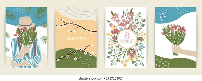 Set of cute abstract  illustrations people and spring. Girls with bouquets of flowers, March 8 and spring mood.  Vector  poster, card, invitation, placard, brochure, flyer.Contemporary, minimalism 