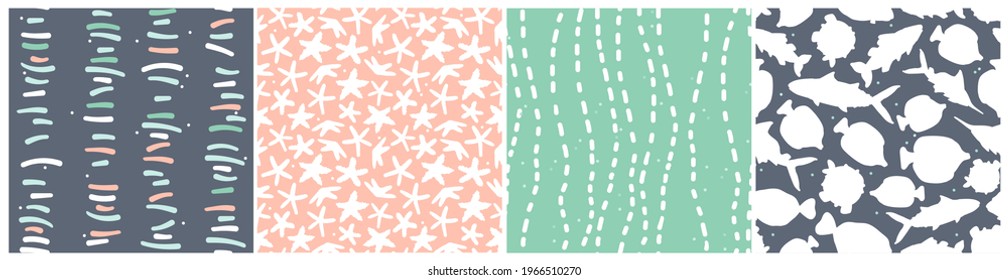 Set of cute abstract pastel green pink blue white seamless patterns. Ocean and sea simple underwater topic: fish, stars, water bubbles in hand drawn flat style