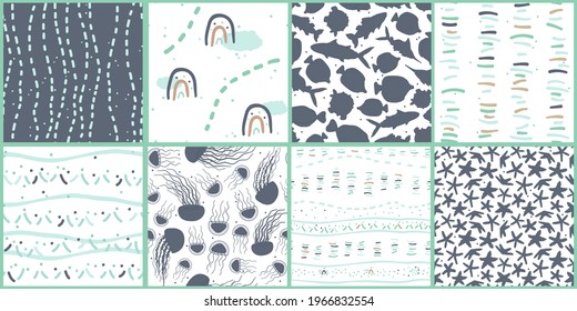 Set of cute abstract pastel green brown blue white seamless patterns. Ocean and sea simple underwater topic: jellyfish, fish, stars, water bubbles in hand drawn flat style