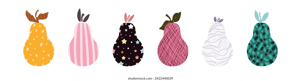 Se establece con peras abstractas adorables con línea, puntos, puntos sobre fondo blanco. Ilustración vectorial, Doodle.
