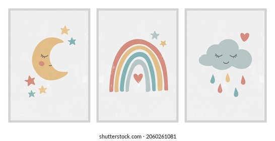 Set of cute abstract posters for kids. Sun, rainbow, cloud, hearts, stars. Pastel colors. Hand drawn minimal style. Design for wallpaper, wall decor, postcard, pint, fashion. Vector illustration