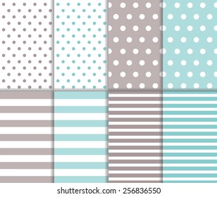 Set of cute abstract seamless big and small polka dot pattern and horizontal lined textile on pastel blue and light gray color background with white dots and stripes. Vector art image illustration