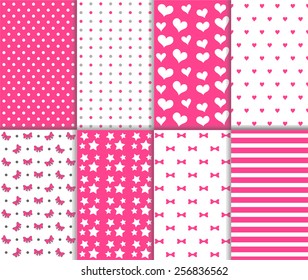 Set of cute abstract seamless big and small polka dot, lined textile and stars, hearts, bow, ribbon and stripes pattern in pink and white color. Vector art image illustration background, simple design