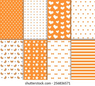Set of cute abstract seamless big and small polka dot, lined textile and stars, hearts, bow, ribbon and stripes pattern in orange / white color. Vector art image illustration background, simple design
