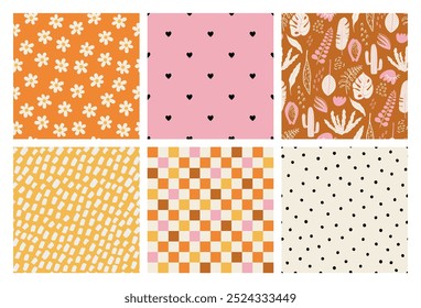 Set of cute abstract seamless patterns. Tropical, spotted, floral, checkered, heart backgrounds. Colorful prints for textile, paper, baby nursery design. Hand drawn vector illustrations.