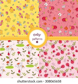 Set of cute abstract seamless patterns with birds, bugs and flowers