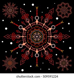 Set of cute abstract snowflakes vector design on black background. Flat snow doodle icons, snow flakes silhouette in red colors for christmas banner, cards. New year snowflake.