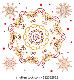 Set of cute abstract snowflakes vector design on white background. Flat snow doodle icons, snow flakes silhouette in brown and red colors for christmas banner, cards. New year snowflake.