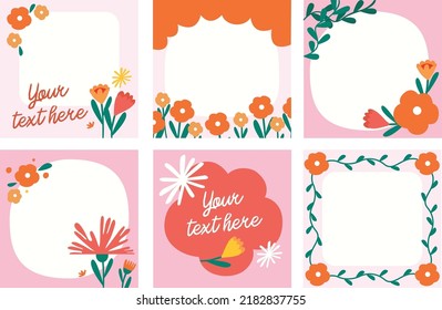 Set of cute abstract social media feed backgrounds. summer art design style. Chic pastel background. Hand drawn Abstract organic shapes backround. Flower frame.