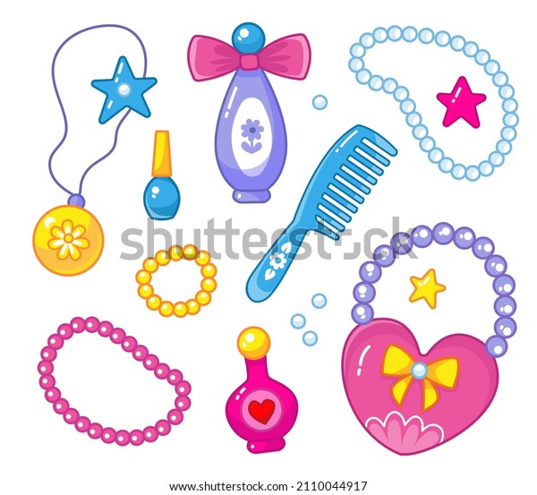 A set of cute accessories for a girl, a\
hairbrush, beads, perfume, a handbag in the shape of a heart,\
cosmetics and more. Vector illustration in cartoon childish style.\
Isolated clipart