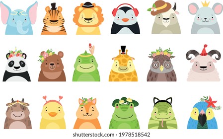 Set of Cute Adorable Animal Characters Dressed in Various Headdress Cartoon Vector Illustration