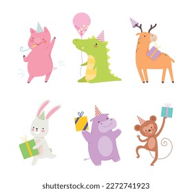 Set of cute adorable animals celebrating birthday set. Amusing piglet, crocodile, deer, bunny, hippo, monkey at party hats holding party gifts and inflatable balloons cartoon vector