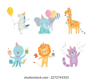 Conjunto de adorables animales adorables celebrando el cumpleaños. Cebra divertida, elefante, jirafa, pulpo, león, gatos con sombreros de fiesta con banderas de fiesta, regalos, globos inflables vector