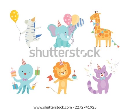 Set of cute adorable animals celebrating birthday set. Amusing zebra, elephant, giraffe, octopus, lion, cat at party hats holding party flags, gifts, inflatable balloons cartoon vector