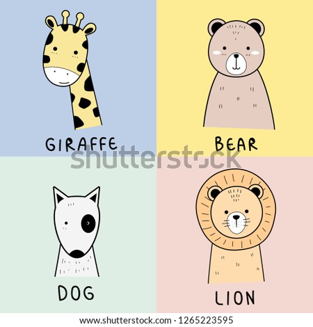 Set of cute adorable animals doodle cartoon character pastel color for kid education vector eps10
