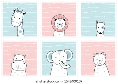 Set of Cute adorable animals square pastel light blue and pink card collection cartoon doodle wallpaper background ,giraffe ,lion ,dog ,hippopotamus ,elephant ,teddy bear ,elements can use for nursery