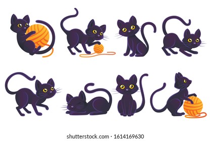 Set of cute adorable black cat playing with orange ball of wool cartoon animal design flat vector illustration on white background