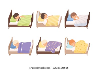 Set of cute adorable boys and girls kids sleeping in cozy beds cartoon vector illustration