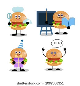 Set of cute adorable Burger illustration  teaching, blackboard, holding a book ,say hello, cook