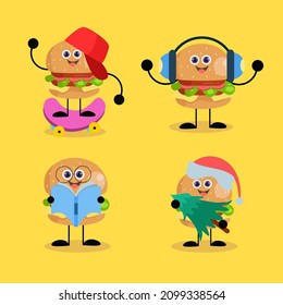 Set of cute adorable Burger illustration Skateboarding Reading books, listening to music holding a Christmas tree suitable for back to school theme children's stickers