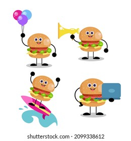 Set Of Cute Adorable Burger Illustration Holding Balloon Holding Speaker Holding Laptop  Surfing For Back To School Kids Stickers