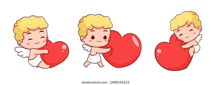 Setze süße Adorable Cupid Cartoon-Charakter. Amur Babys, kleine Engel oder Gott eros. Valentinstag Konzept Design. Adorable Engel in Liebe. Kawaii-Chibi-Vektorzeichen. Einziger weißer Hintergrund.