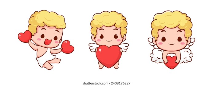 Set cute Adorable Cupid cartoon character. Amur babies, little angels or god eros. Valentines day concept design. Adorable angel in love. Kawaii chibi vector character. Isolated white background.