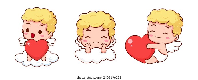 Set cute Adorable Cupid cartoon character. Amur babies, little angels or god eros. Valentines day concept design. Adorable angel in love. Kawaii chibi vector character. Isolated white background.