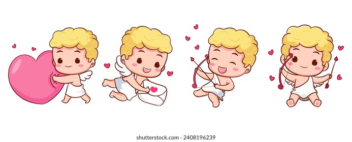 Setze süße Adorable Cupid Cartoon-Charakter. Amur Babys, kleine Engel oder Gott eros. Valentinstag Konzept Design. Adorable Engel in Liebe. Kawaii-Chibi-Vektorzeichen. Einziger weißer Hintergrund.