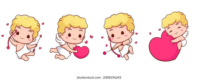 Set cute Adorable Cupid cartoon character. Amur babies, little angels or god eros. Valentines day concept design. Adorable angel in love. Kawaii chibi vector character. Isolated white background. svg