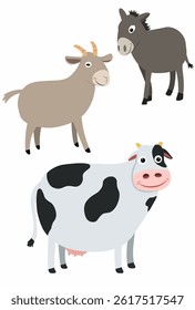 Set of cute and adorable farm animals vector illustrations. Consisting of cows, goats and donkeys.