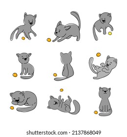 Set of cute adorable grey cat playing with orange ball of wool cartoon animal design flat vector illustration on white background