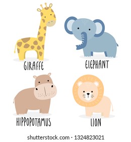 set of cute adorable kawaii safari africa animals giraffe elephant hippopotamus lion cartoon doodle element wallpaper vector eps10