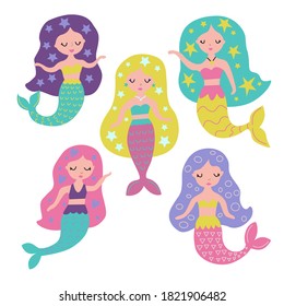 Set of cute, adorable mermaids on a white background in vector graphics. For the design of postcards, posters, prints for childrens clothing, t-shirts, notebook covers, phones.