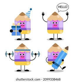 Set of cute adorable Pencil illustration holding gift box ,say hello,lifting barble ,holding a pencil