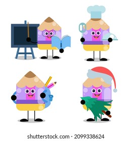 Set of cute adorable Pencil illustration teaching |holding a Book  black board Cooking  go to school  wearing a waist bag ,holding a christmas tree wear a christmas hat for a back to school