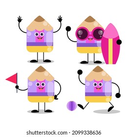 Set of cute adorable Pencil illustration cheer raise hands ,holding red flag holding a surf board ,Playing soccer