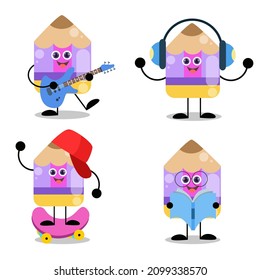 Set of cute adorable Pencil illustrations playing the guitar
listen to music,skateboarding pencil reading a book suitable for children's cute stickers back to school theme